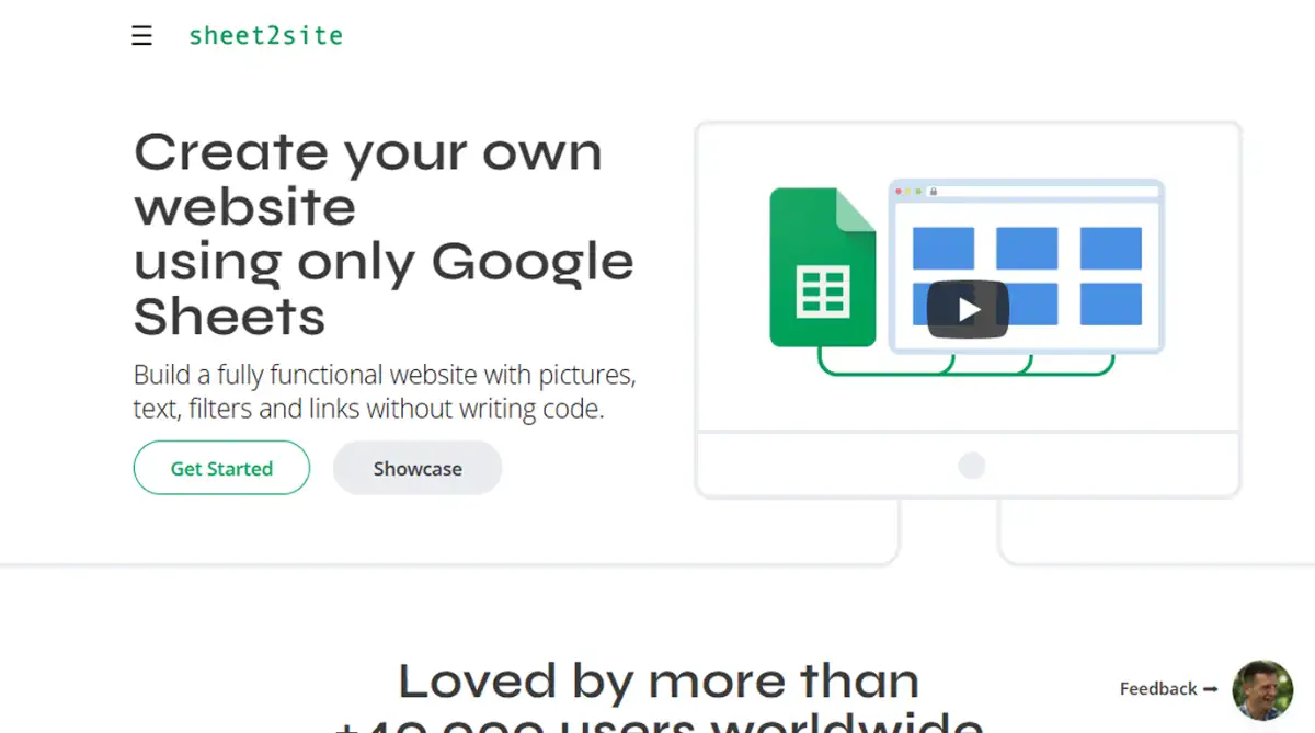 Sheet2Site homepage explaining how a Google Sheet becomes a live directory website