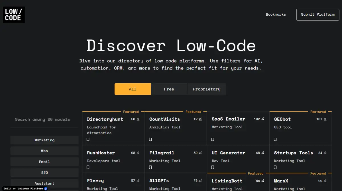 Unicorn Platform low-code tools directory template homepage with dark minimalist layout