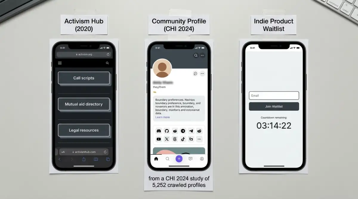 Three one-page layouts for activism, community profiles, and product launches
