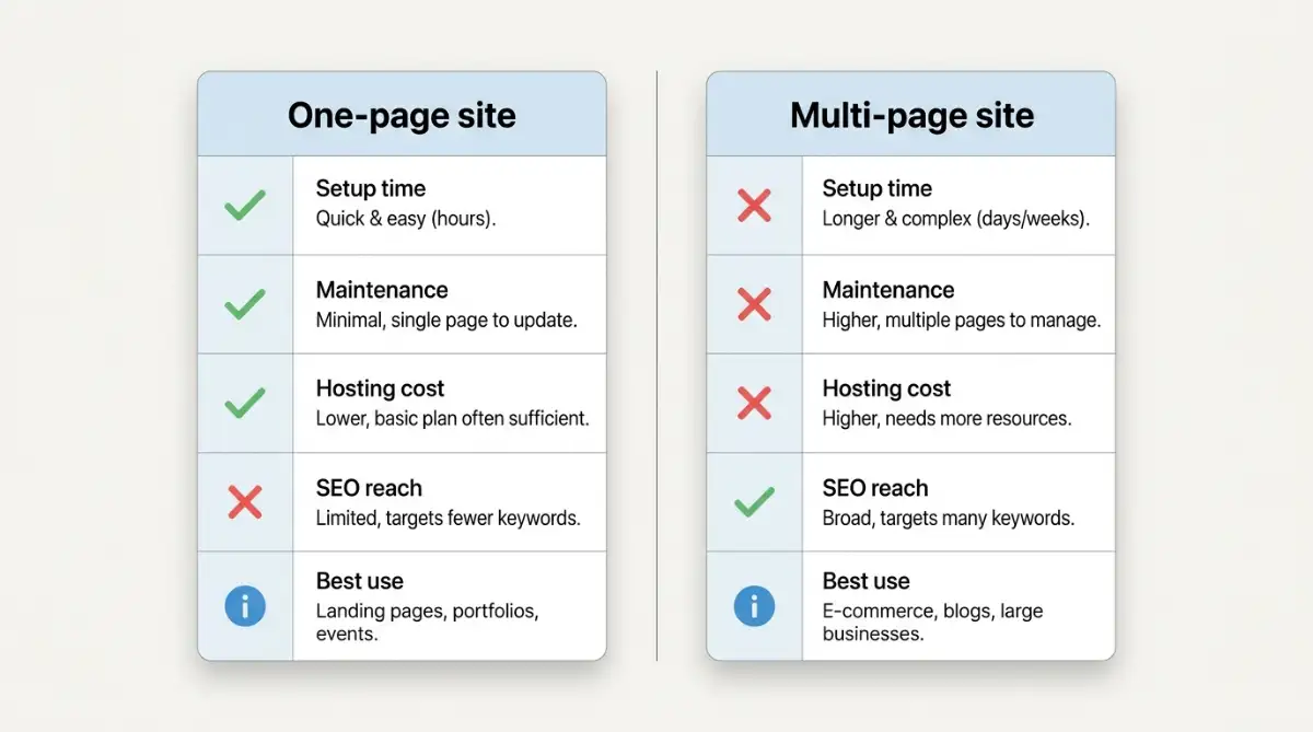 Side-by-side comparison of one-page versus multi-page website tradeoffs