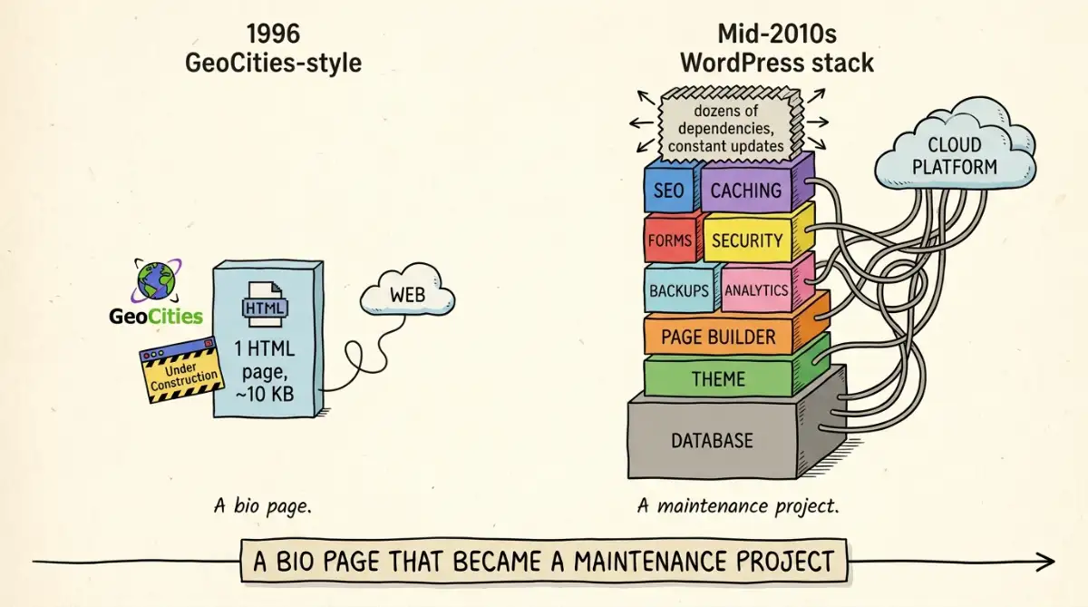 Diagram contrasting a simple early webpage against a heavy multi-page WordPress stack