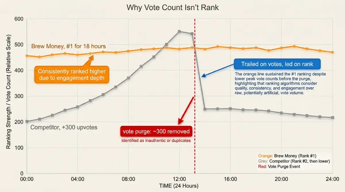 Chart showing Brew Money leading rank for 18 hours while a rival's upvotes are purged