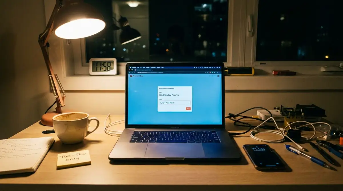 Indie maker scheduling a Product Hunt launch for 12:01 AM PST late at night