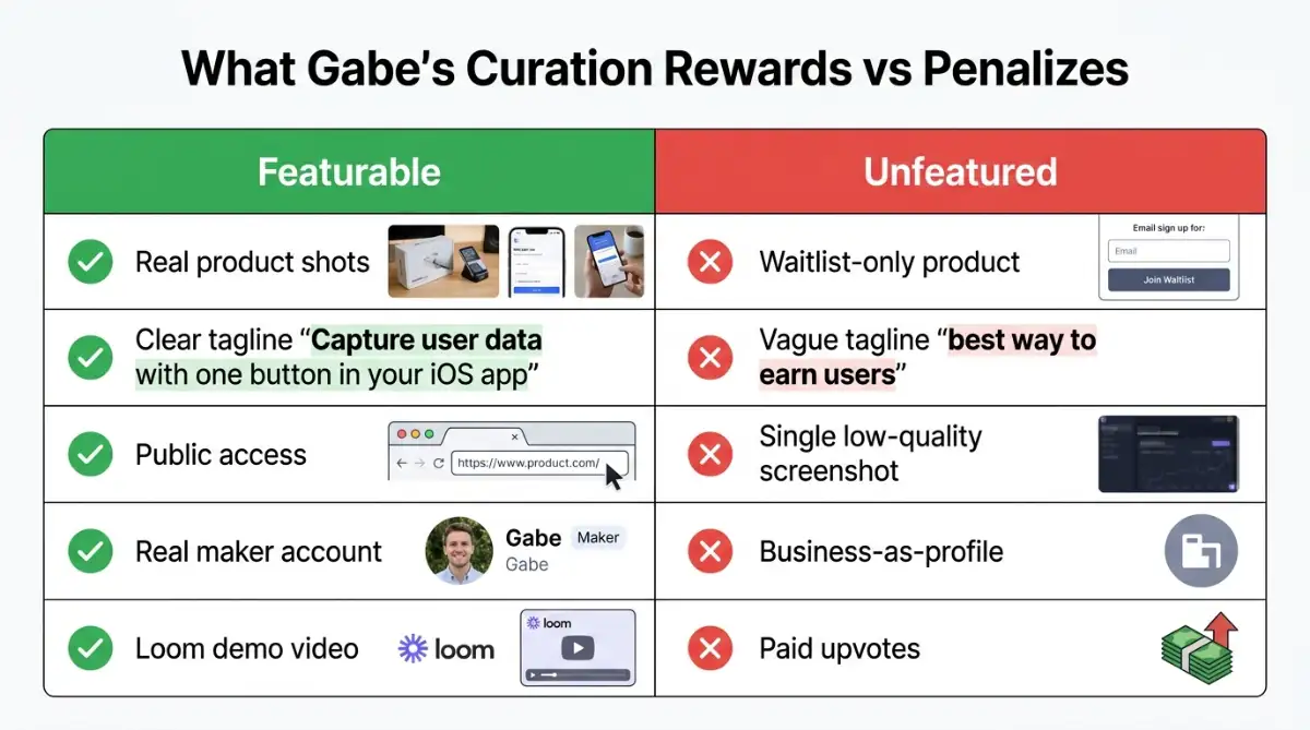 Split comparison of Product Hunt featuring do's and don'ts from curator Gabe Perez
