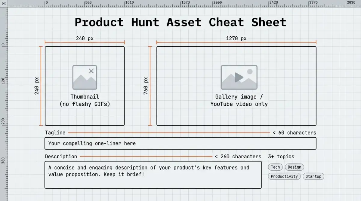Diagram of Product Hunt image sizes and character limits drawn to scale