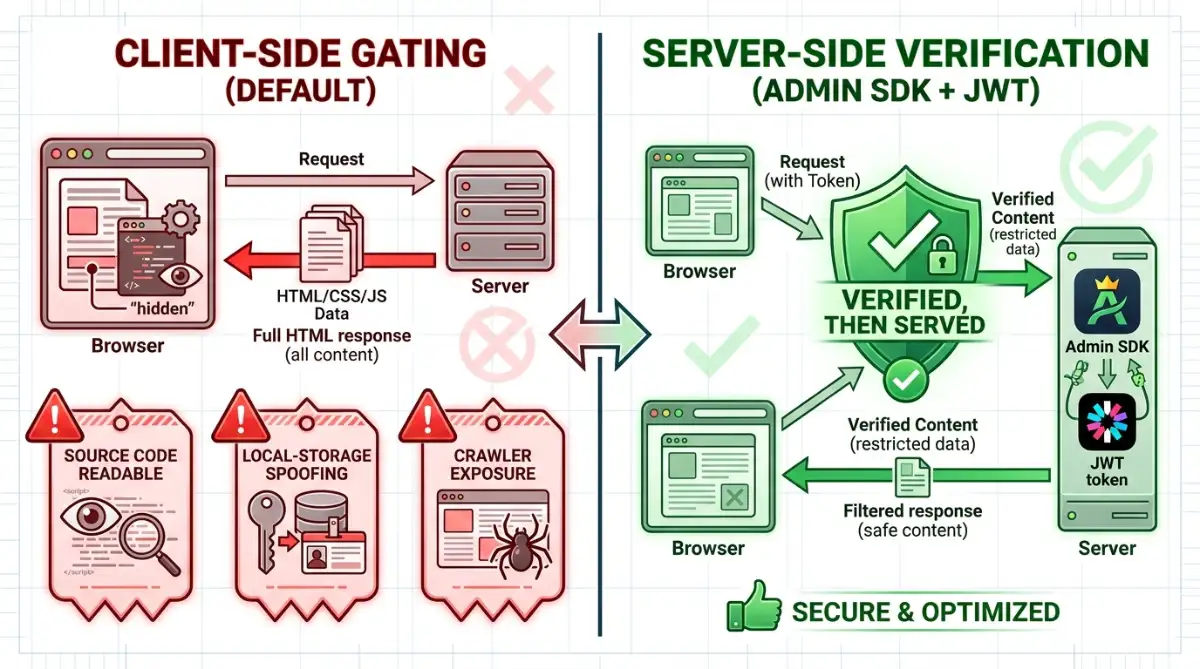 Comparison of client-side gating risks versus server-side JWT verification