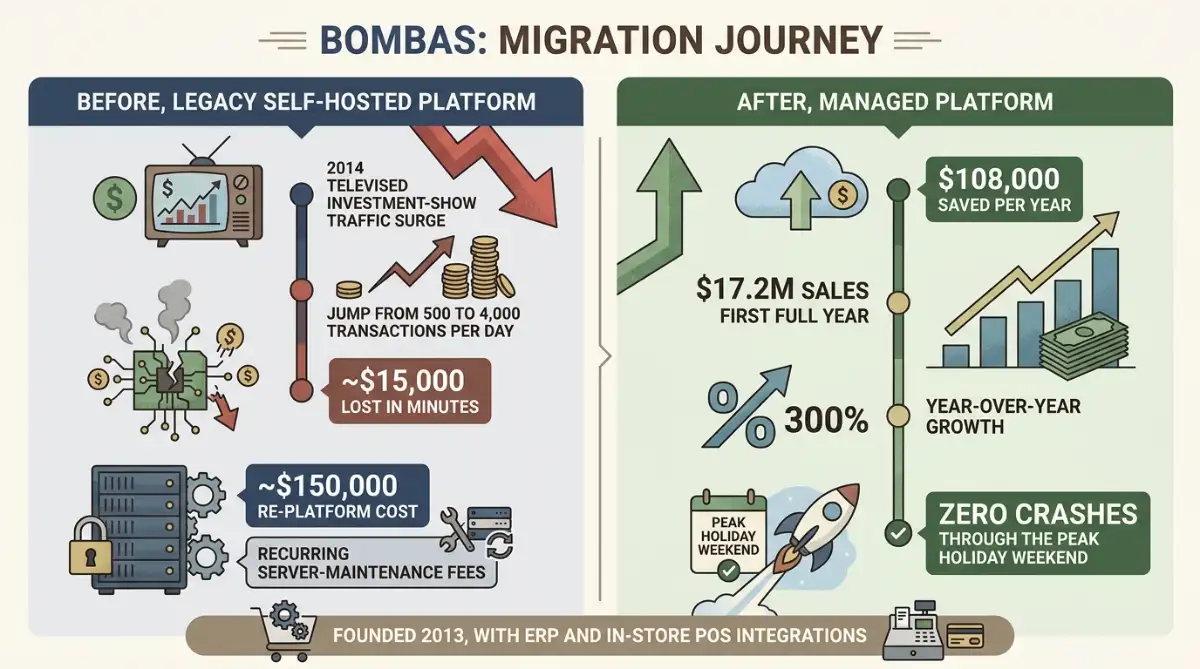 Before-and-after panel of Bombas costs and stability after migrating to Shopify Plus.