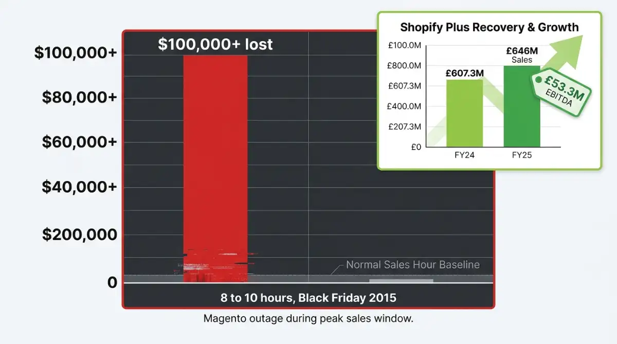 Chart of Gymshark's $100,000 Black Friday crash loss beside its recovery to £646M.