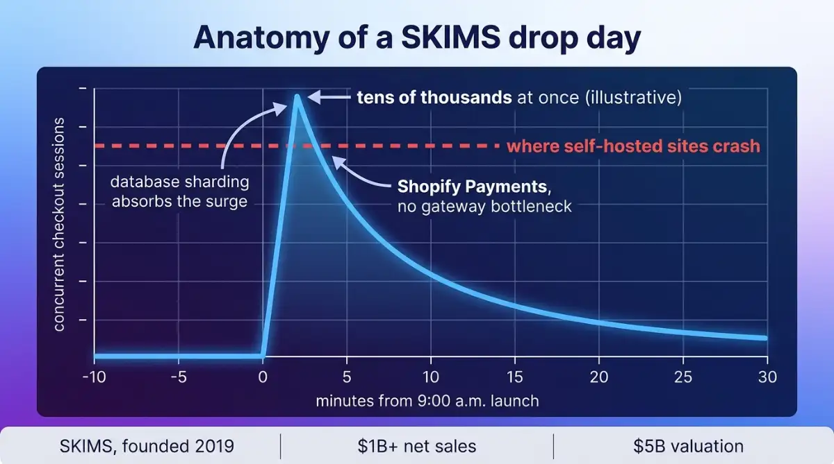 Line graph of a SKIMS drop-day checkout spike at 9 a.m. launch.