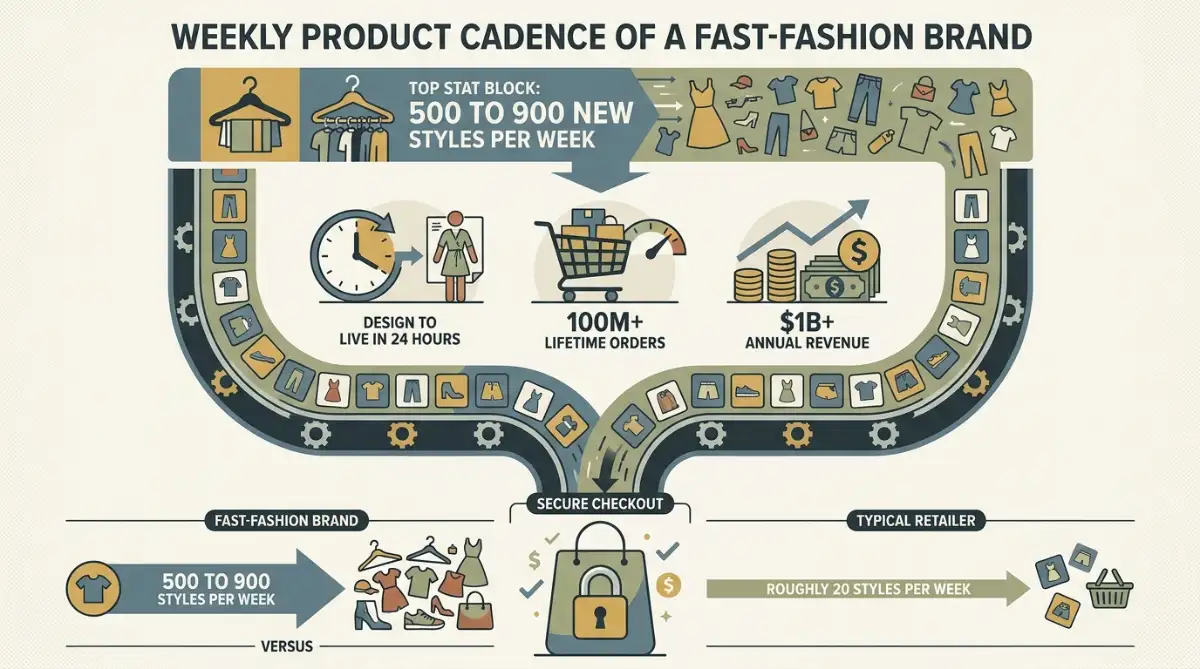 Infographic of Fashion Nova's 500 to 900 weekly styles, 100M orders, and $1B revenue.