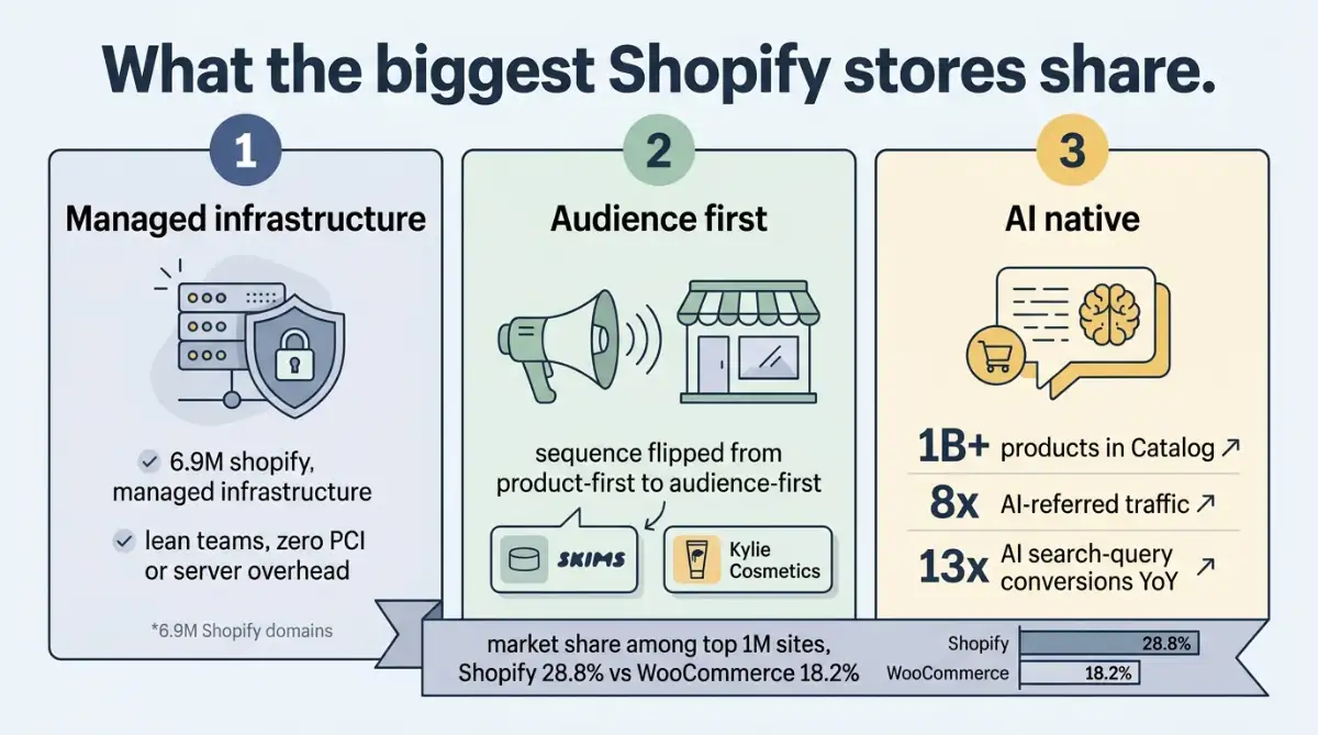 Three-panel infographic of shared traits and key stats of top Shopify stores.
