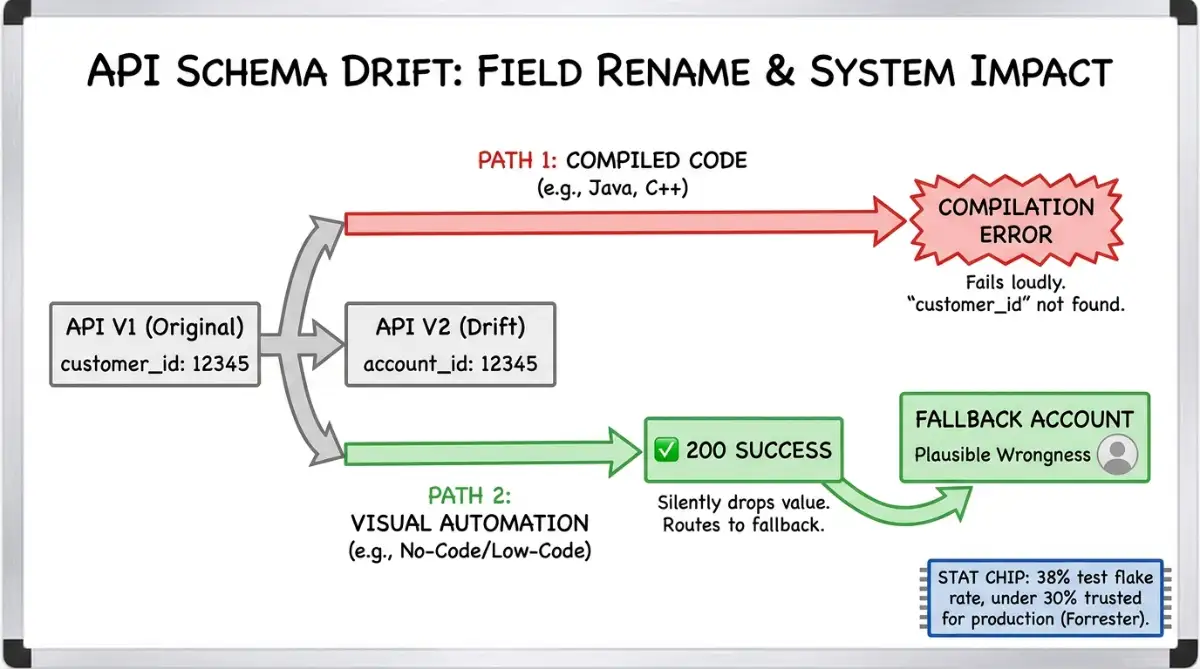 Schema drift diagram contrasting a loud compiled error with a silent no-code failure
