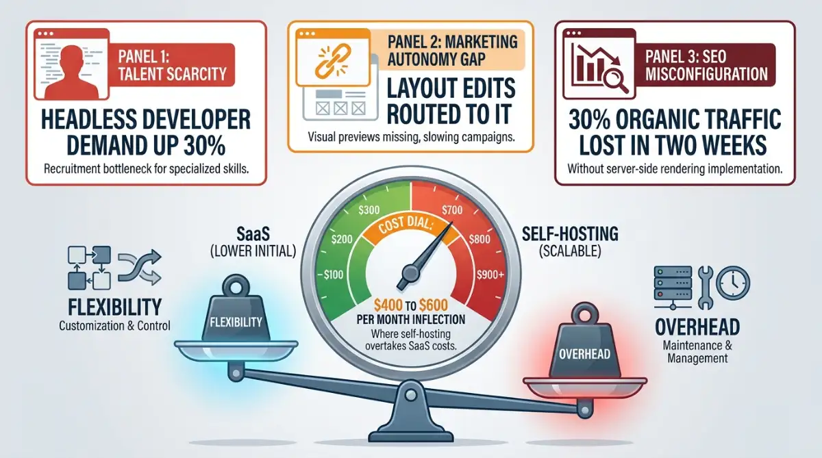 Infographic of headless CMS tradeoffs: talent, marketing autonomy, SEO, and cost threshold