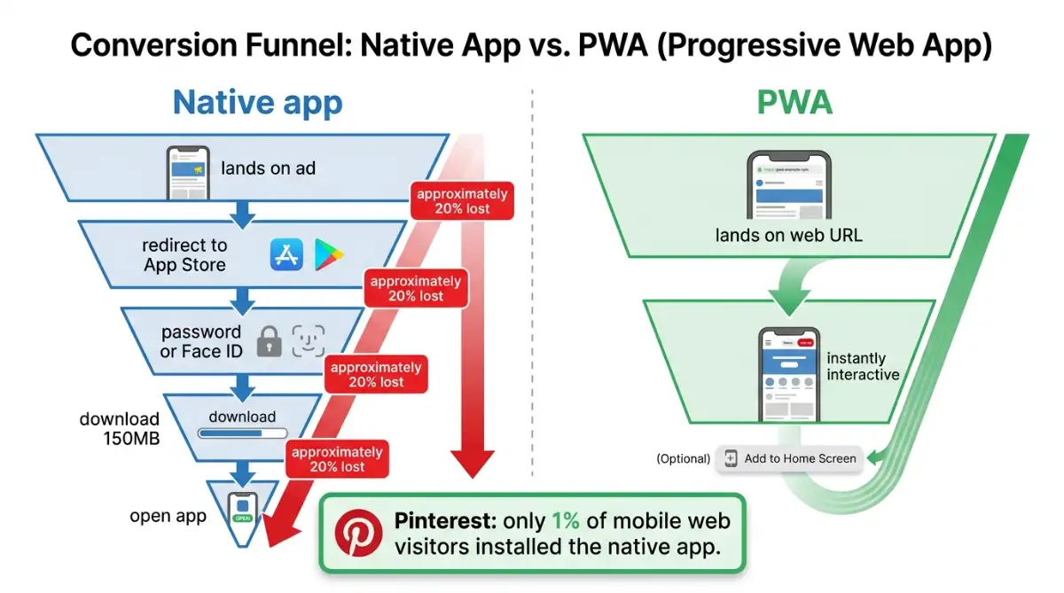 Funnel infographic comparing native app drop-off against instant PWA access