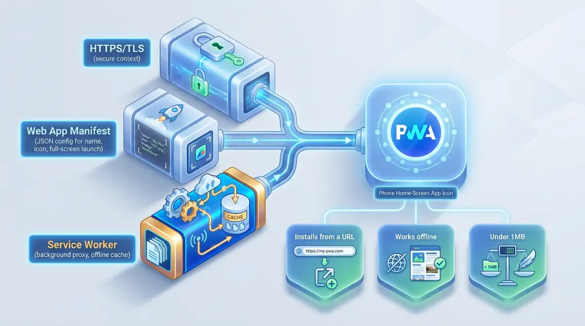 Isometric diagram of the three components that turn a website into a PWA