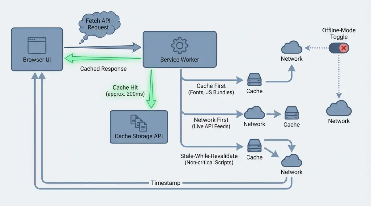 Diagram of a service worker routing requests through three caching strategies