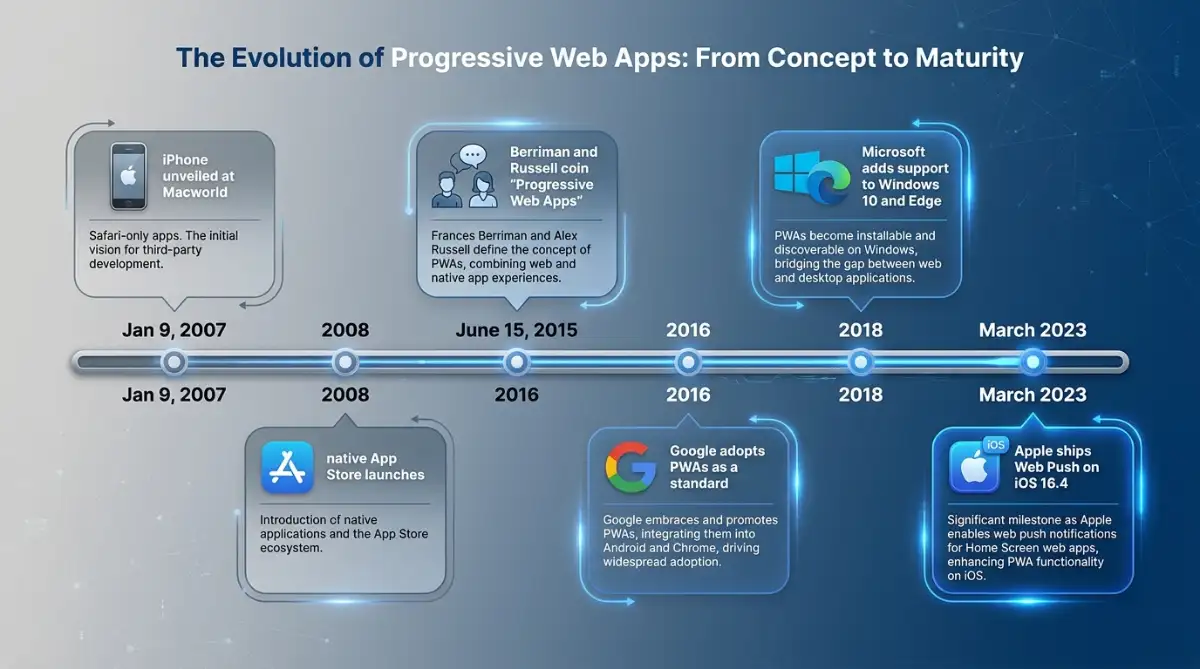 Timeline of Progressive Web App milestones from 2007 iPhone to 2023 iOS Web Push