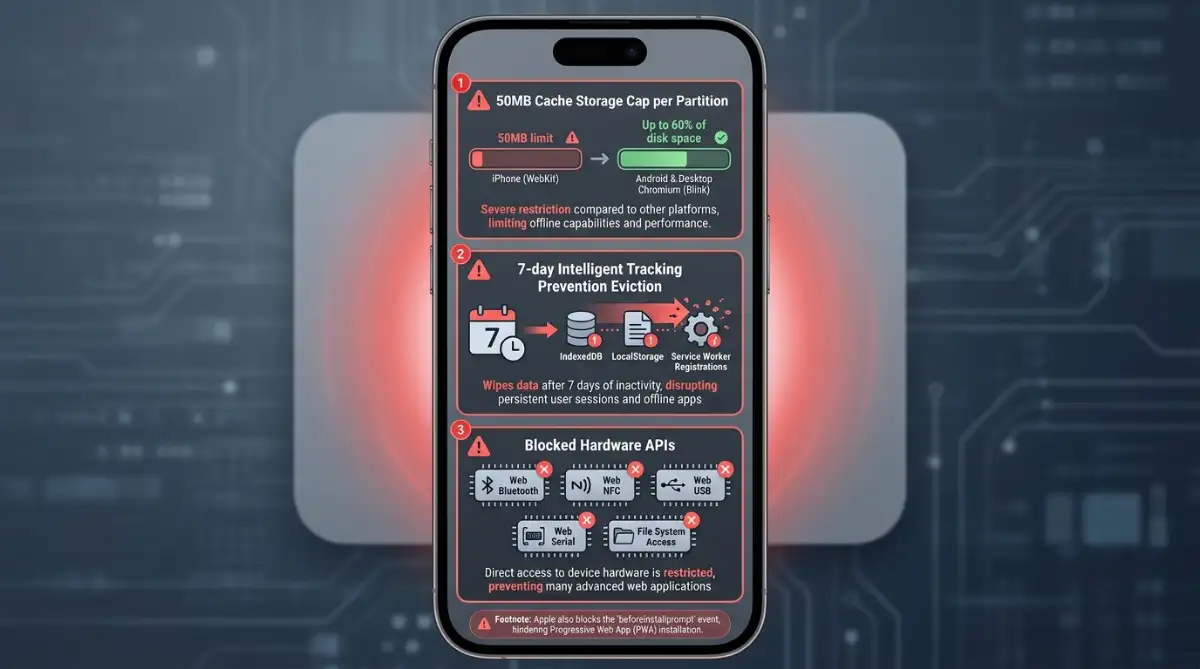 Infographic of the main PWA restrictions Apple enforces on iOS via WebKit