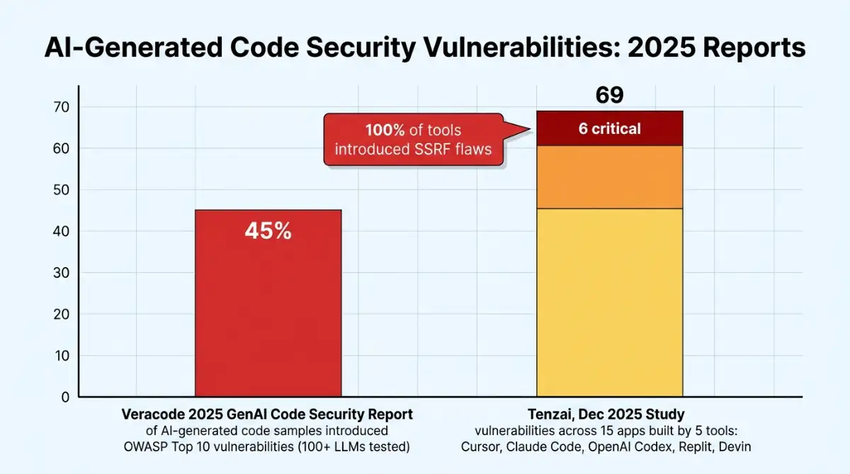 Bar chart of AI-generated code vulnerability statistics from Veracode and Tenzai