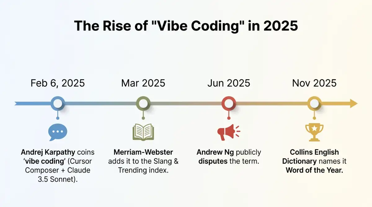 Timeline of vibe coding term from Karpathy's coinage to Word of the Year