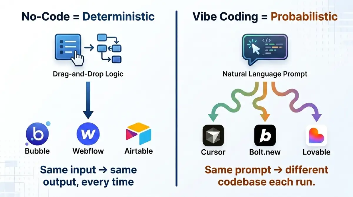 Diagram contrasting deterministic no-code output with probabilistic vibe-coded output