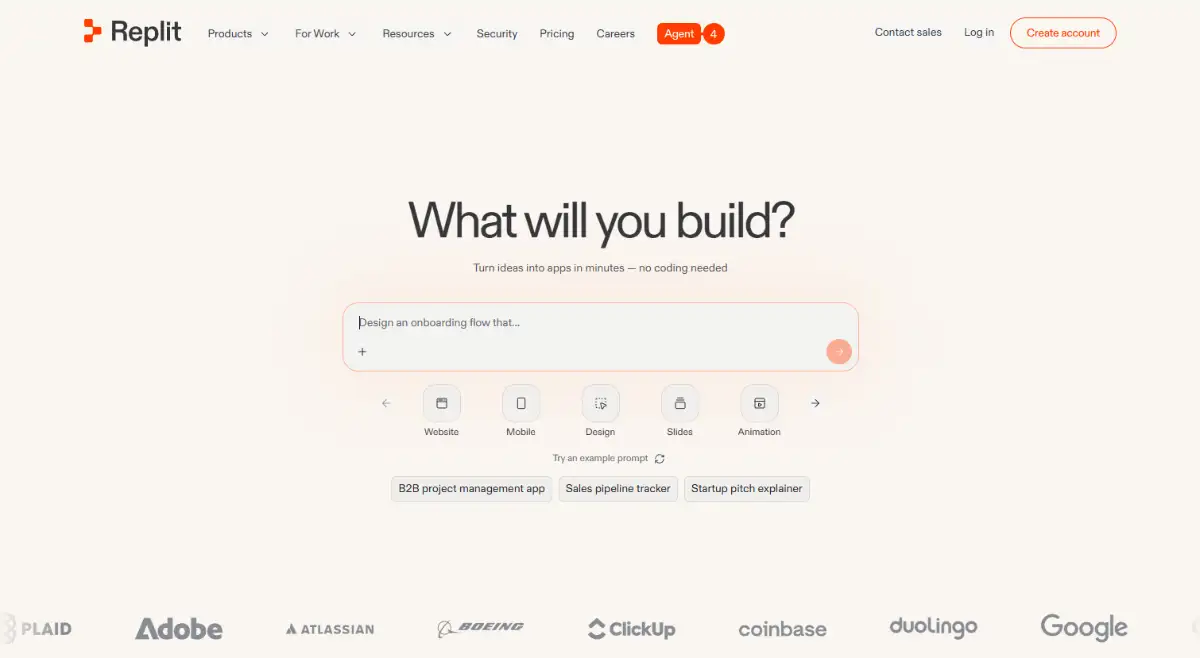 Replit AI app builder homepage hero section with Agent