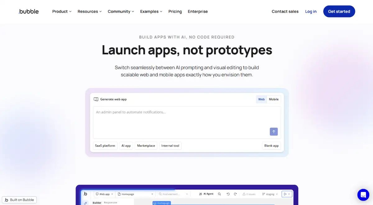 Bubble no-code web and mobile app builder hero section