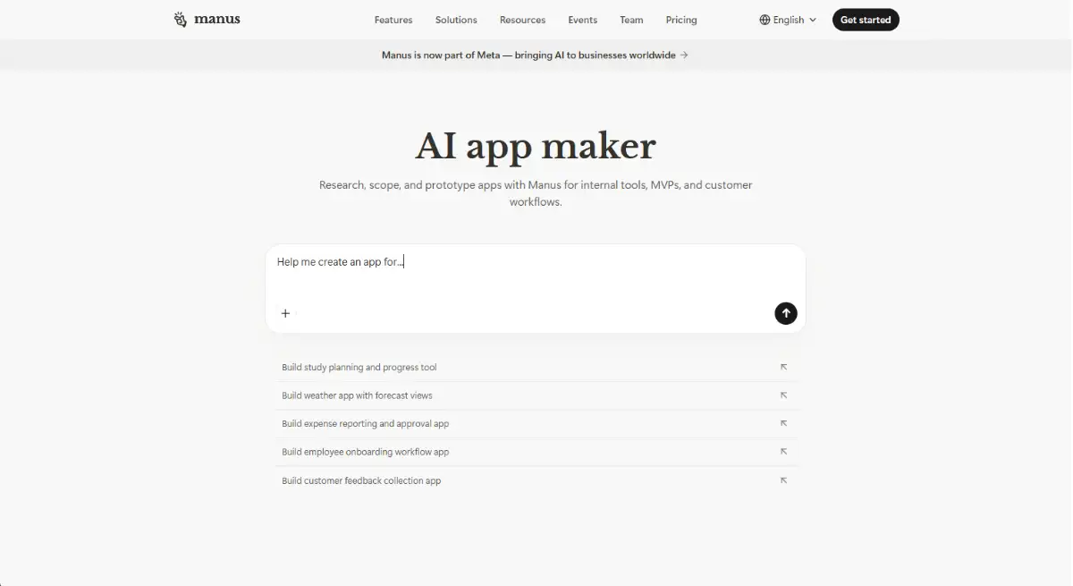 Manus AI conversational web app builder hero section