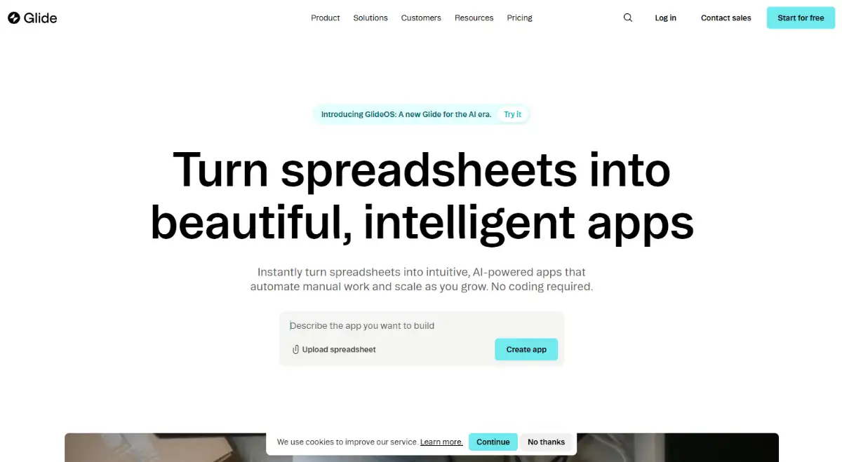 Glide no-code app builder homepage hero section