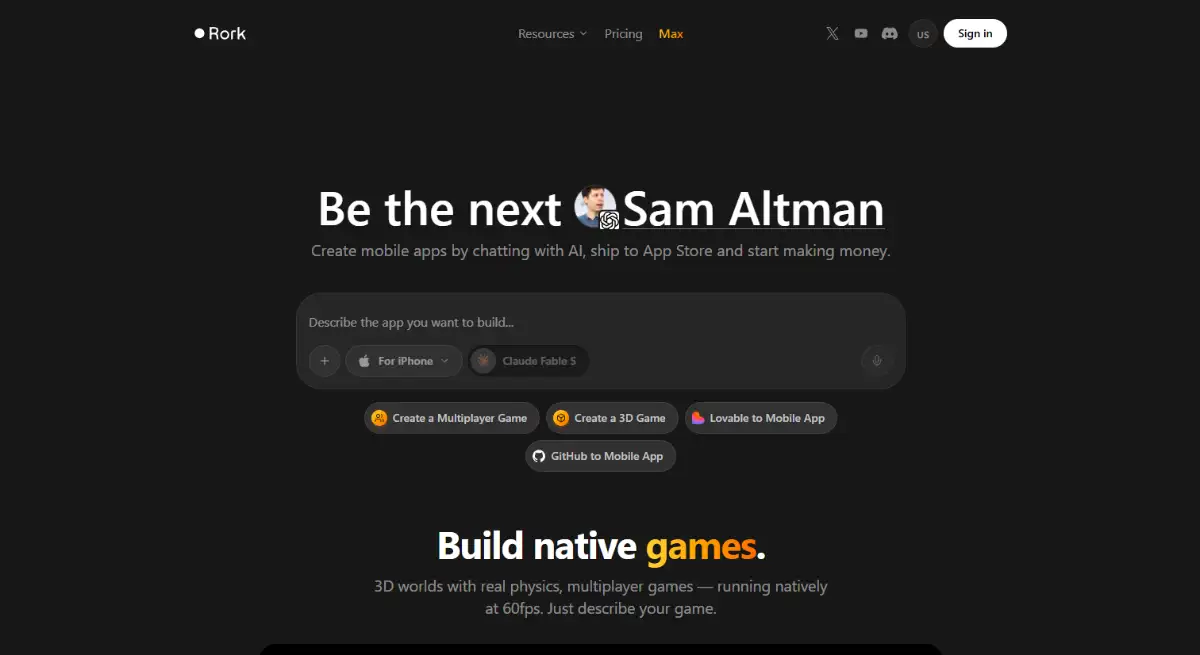 Rork AI mobile app builder homepage hero section
