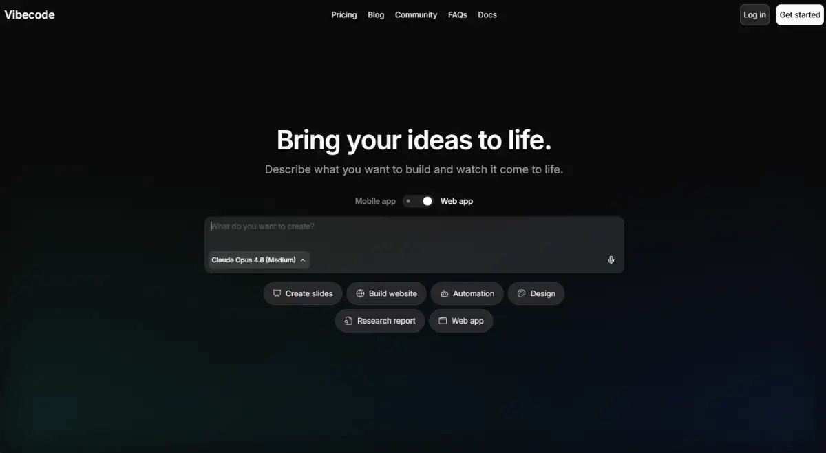 Vibecode mobile-first AI app builder hero section
