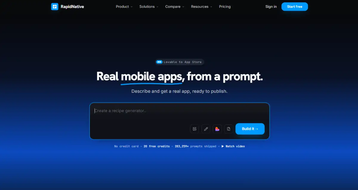RapidNative AI-native mobile app builder hero section