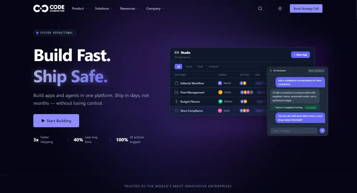 CodeConductor AI development platform homepage hero section