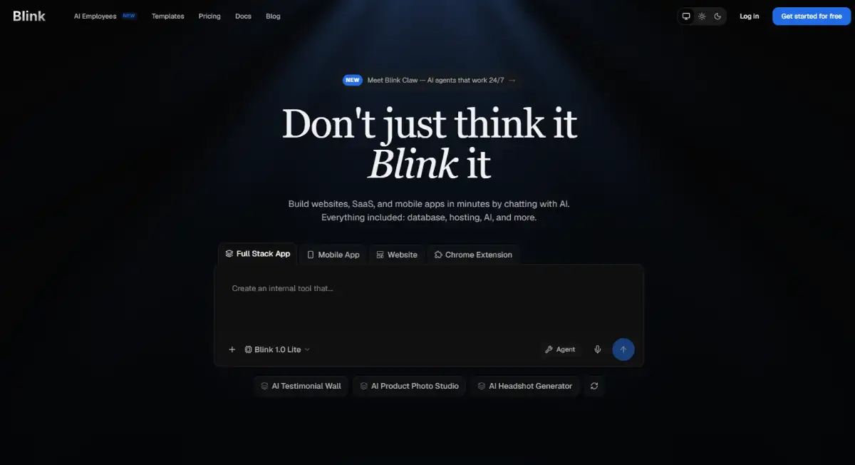 Blink AI agentic app builder homepage hero section