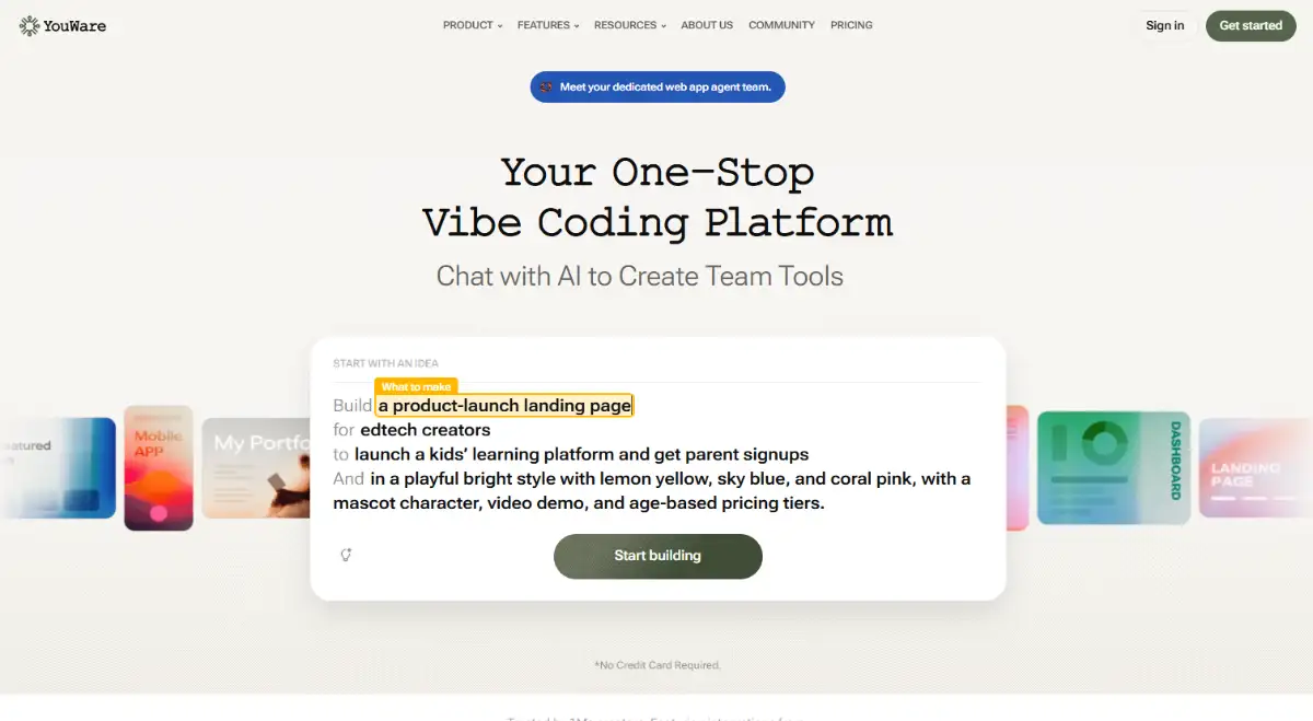 YouWare all-in-one vibe coding platform hero section