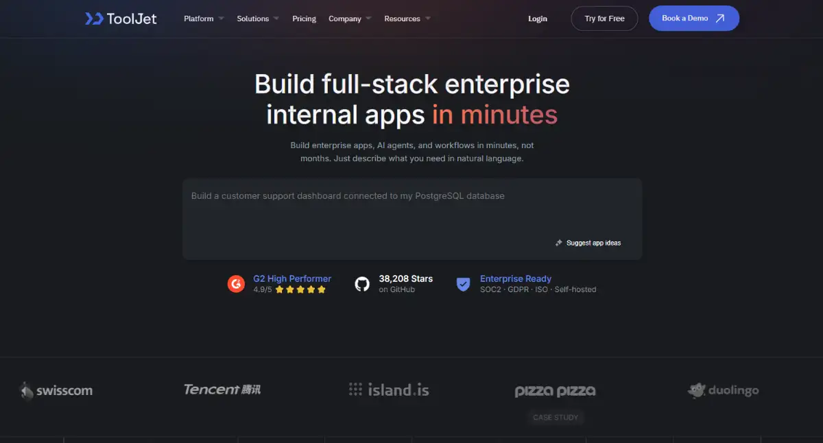 ToolJet open-source low-code platform hero section