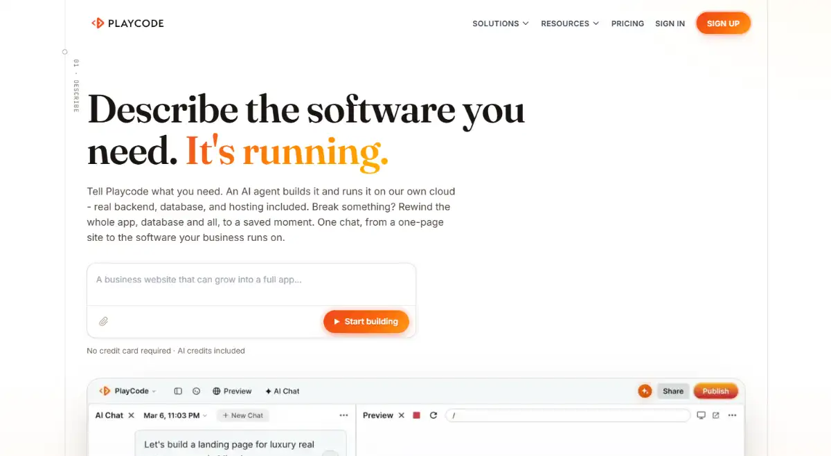 Playcode AI app builder and live editor hero section