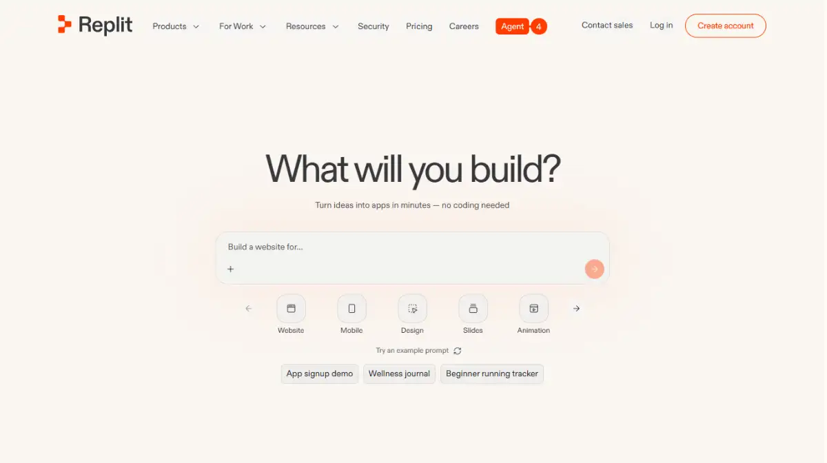 Replit homepage showing ideas turned into apps with no coding needed