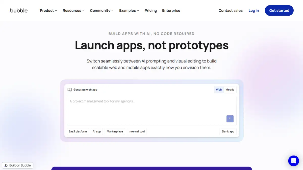 Bubble homepage with the tagline launch apps not prototypes