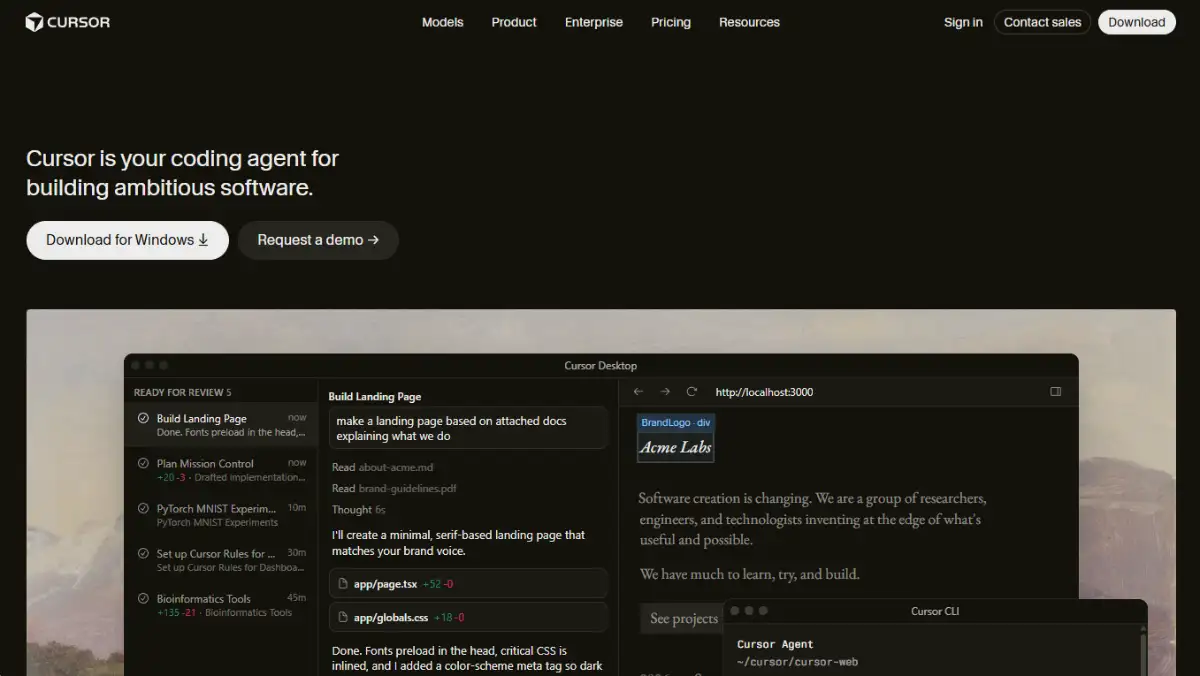 Cursor homepage presenting its AI coding agent built on VS Code