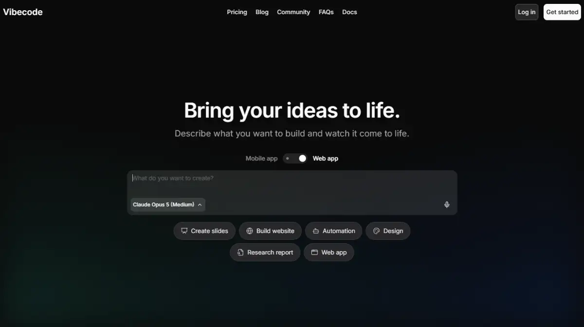 Vibecode homepage showing text descriptions turned into mobile and web apps