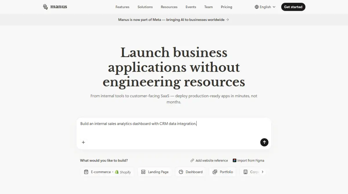 Manus AI homepage promoting business apps built without engineering resources