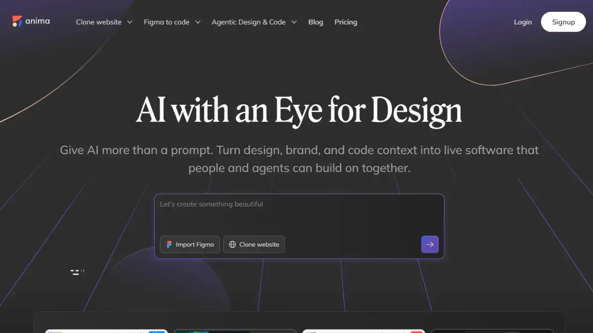 Anima homepage promoting AI with an eye for design