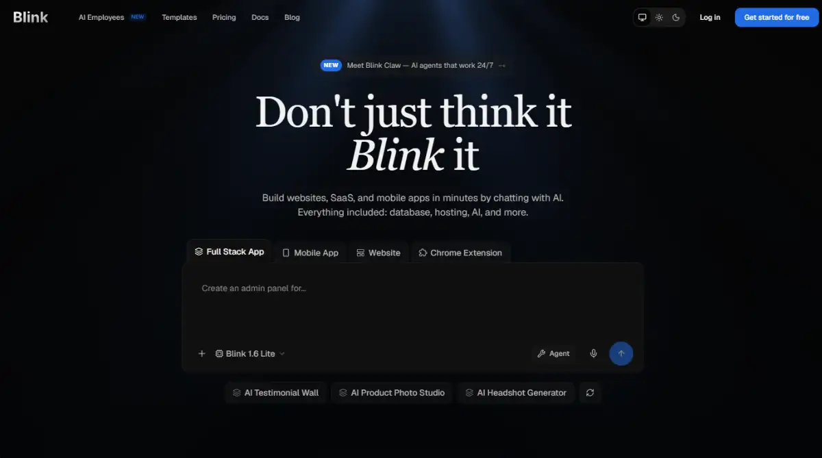 Blink homepage showing its chat-to-app full-stack builder interface
