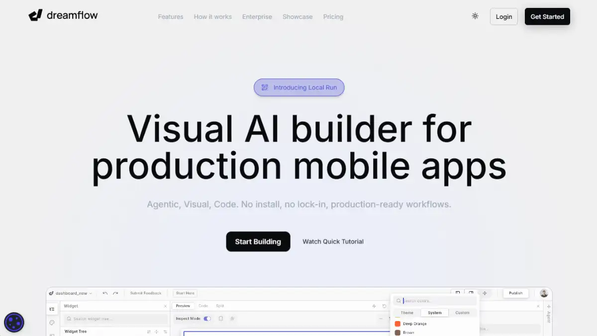 Dreamflow homepage showing a visual AI builder for production mobile apps