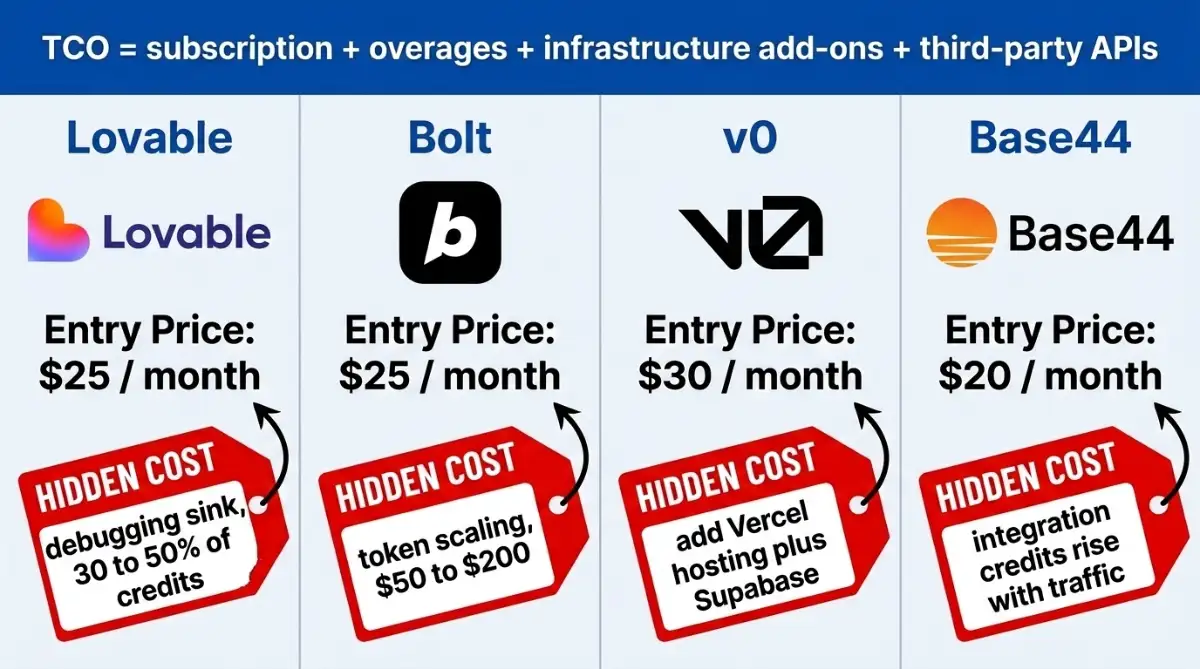 Entry pricing comparison of Lovable, Bolt, v0 and Base44 with hidden costs