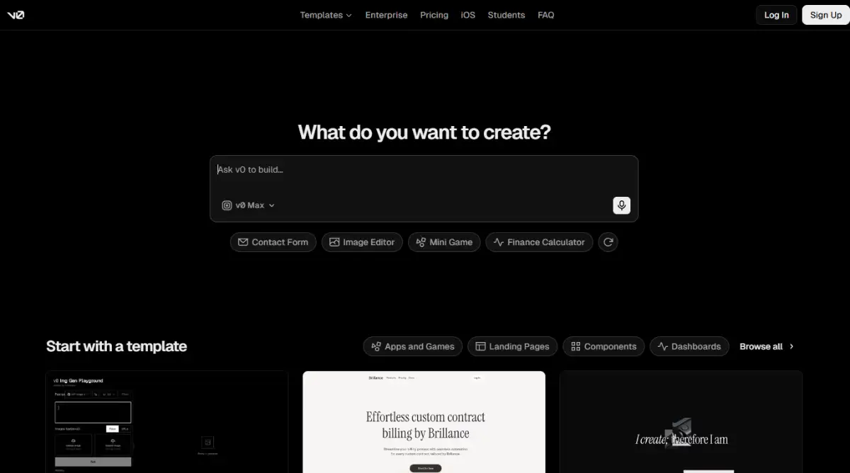 v0 best vibe coding tool homepage screenshot