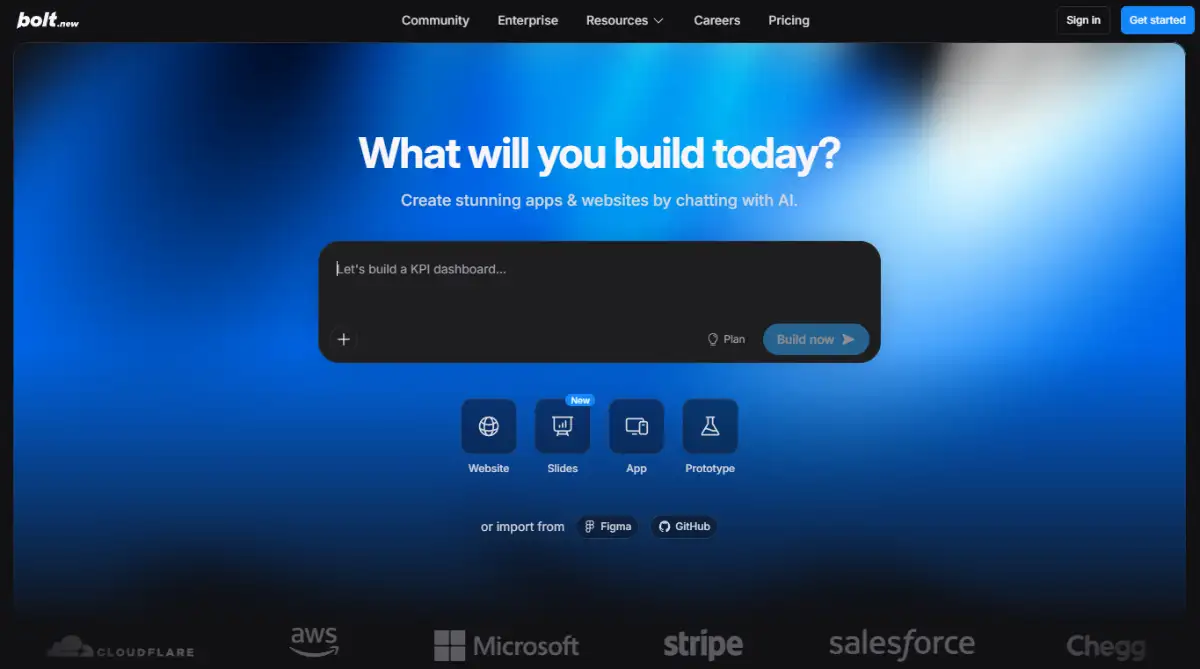 Bolt.new best vibe coding tool homepage screenshot