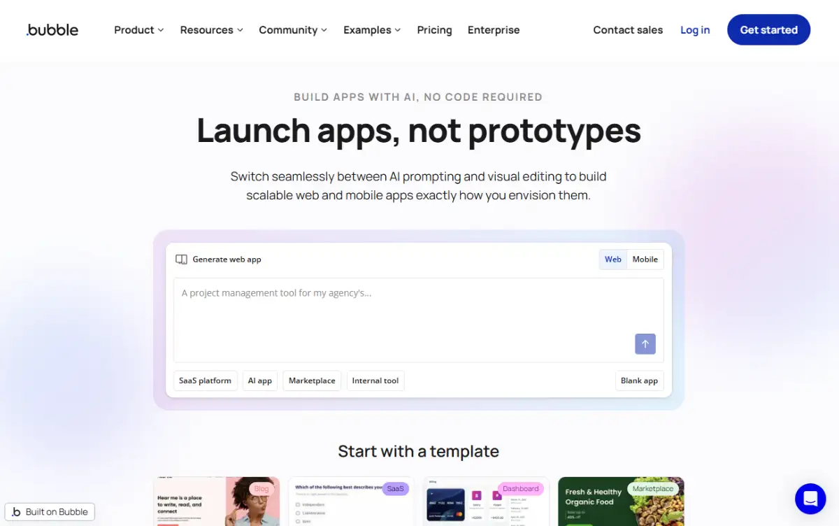 Bubble no code development platform homepage showing the visual application editor