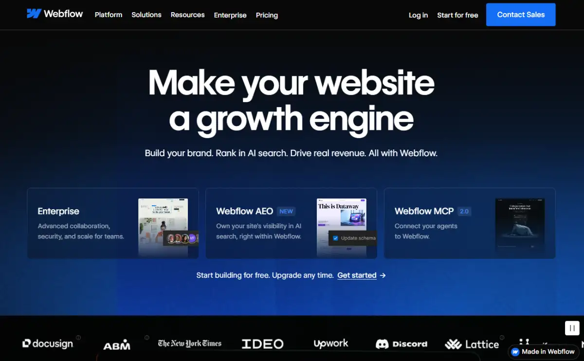 Webflow homepage showing the visual site designer and CMS